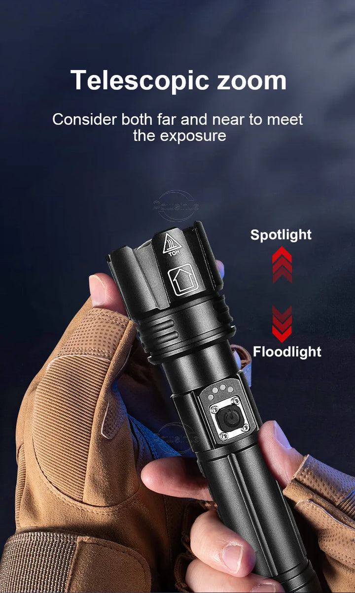 Unisex XHP50.2 LED zaklamp, oplaadbaar, ideaal voor wandelen, kamperen en noodsituaties.