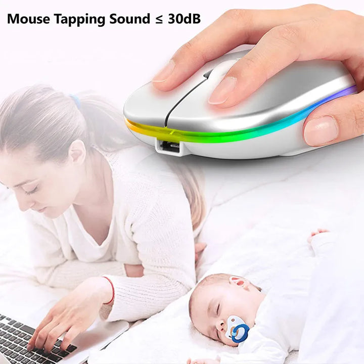 Stijlvolle draadloze computermuis met levendige RGB LED-verlichting en ergonomisch design, oplaadbaar.