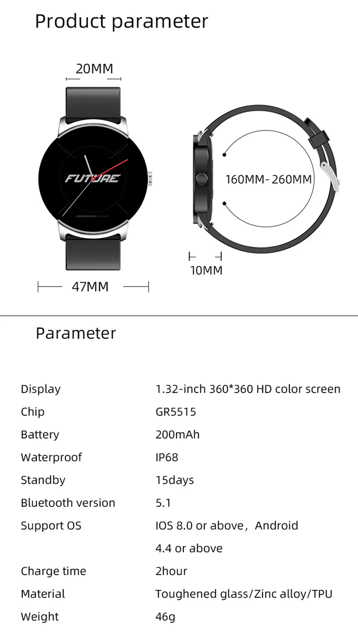 Slimme smartwatch voor dames en heren, meet bloedglucose en hartslag continu.