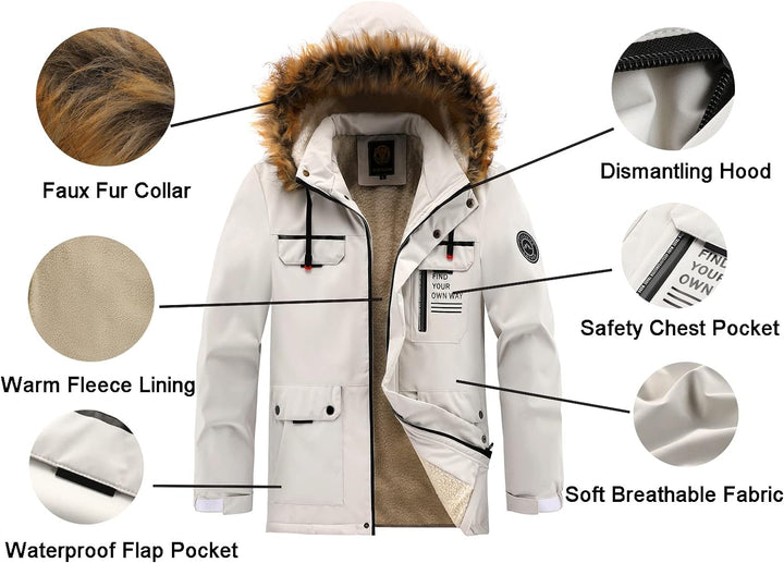 Heren winterkleding: een warme en winddichte parka met verstelbare capuchon.