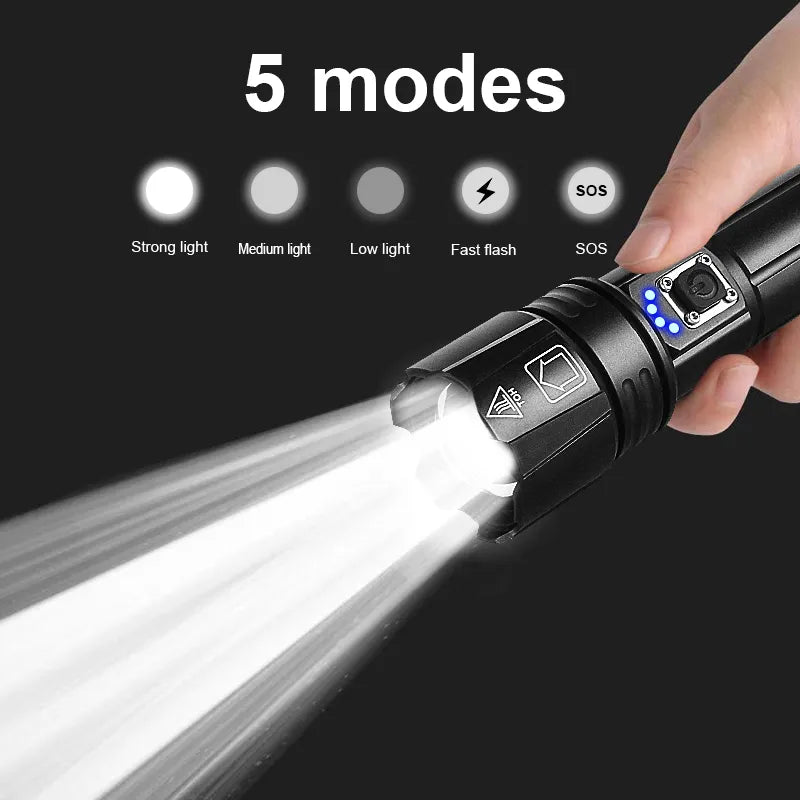 Robuuste waterdichte LED zaklamp voor kamperen, wandelen en noodverlichting, oplaadbaar.