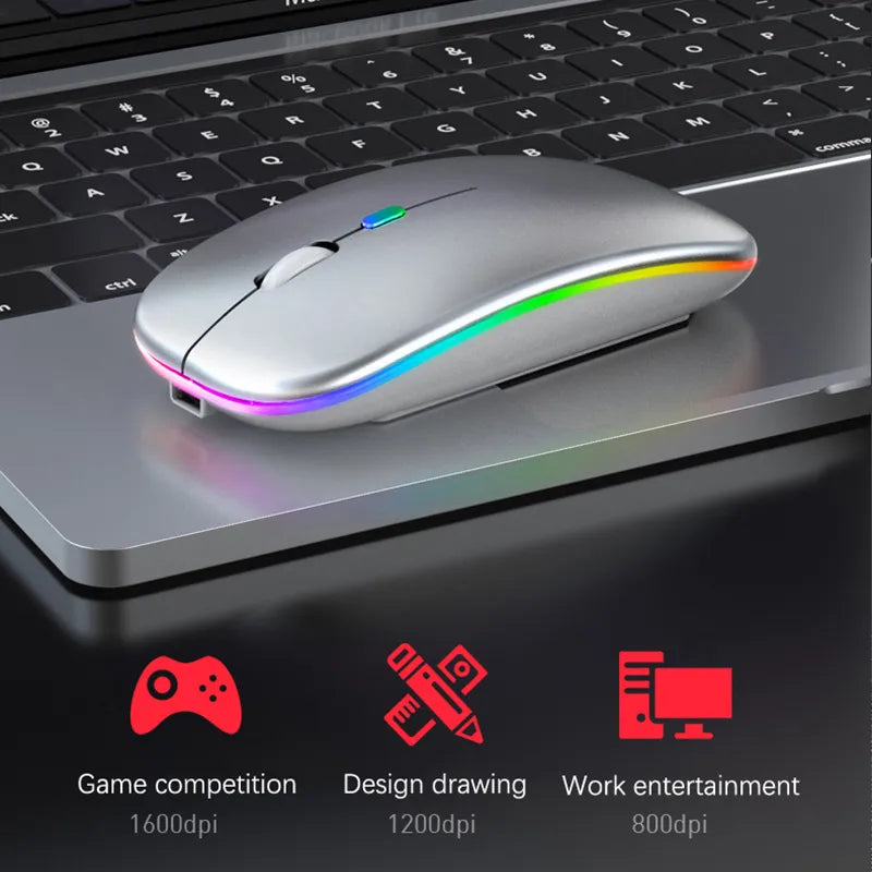 Draadloze PC-muis met heldere LED-verlichting, oplaadbaar en ergonomisch gevormd voor optimaal comfort.