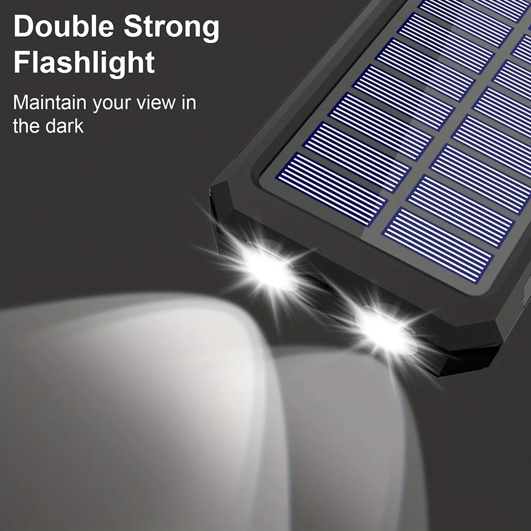 Multifunctionele powerbank op zonne-energie met felle LED zaklamp, essentieel voor outdoor trips.