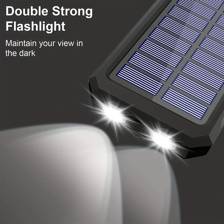 Multifunctionele powerbank op zonne-energie met felle LED zaklamp, essentieel voor outdoor trips.
