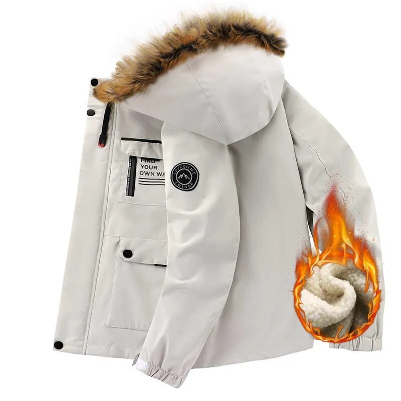 Warme heren winterjas met diepe zakken en capuchon, praktische parka.