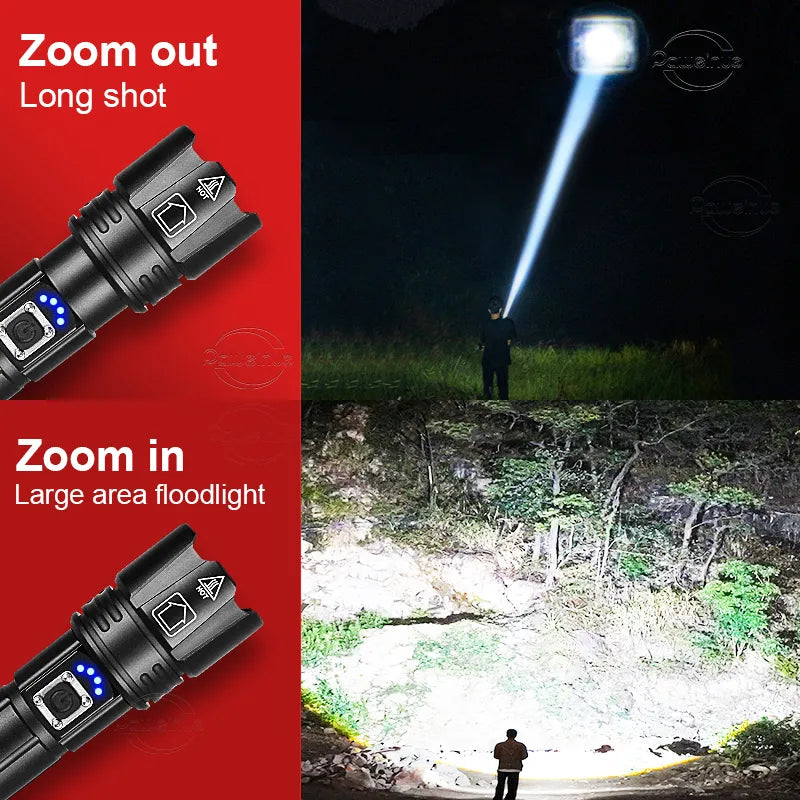 Aluminium oplaadbare zaklamp met XHP50.2 LED, waterdicht, voor wandelen en survival.