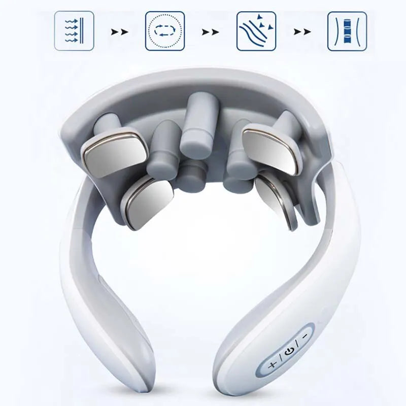 Close-up van het draagbare elektronische nek massageapparaat, focus op modern design en comfort.