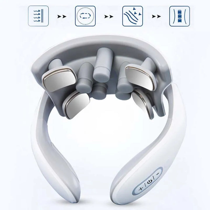 Close-up van het draagbare elektronische nek massageapparaat, focus op modern design en comfort.
