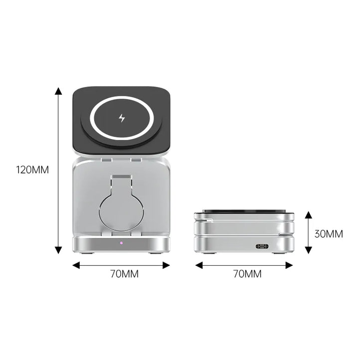 Telefoon wordt draadloos opgeladen op het 3-in-1 magnetische laadstation. Snelle en efficiënte oplader.