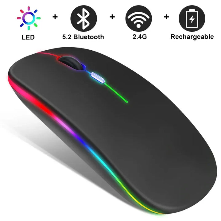 Strakke ergonomische draadloze muis, oplaadbaar via USB, met instelbare LED-verlichting voor uw werkplek.