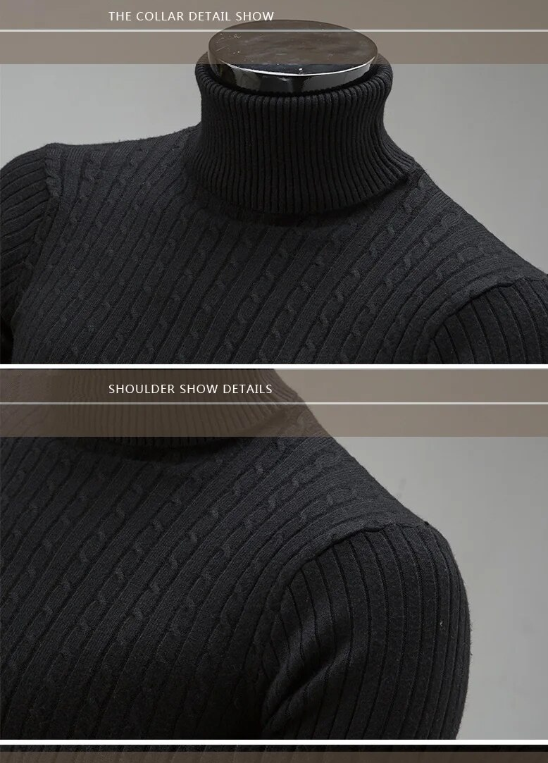 Man draagt elegante slim fit coltrui, comfortabele pullover voor een stijlvolle winterlook.