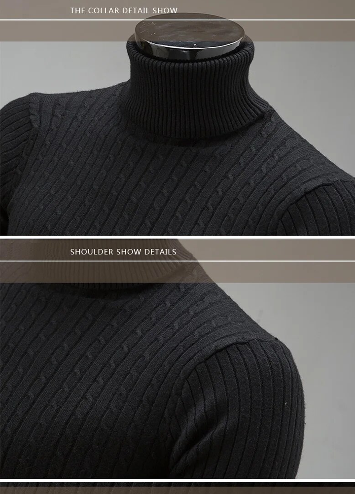 Man draagt elegante slim fit coltrui, comfortabele pullover voor een stijlvolle winterlook.