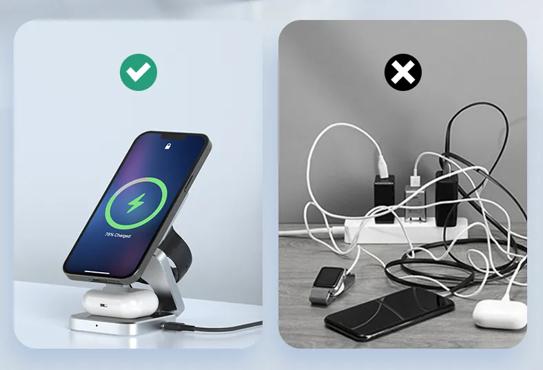 Draagbaar 3-in-1 magnetisch draadloos laadstation op een bureau, perfect voor thuis of op reis.