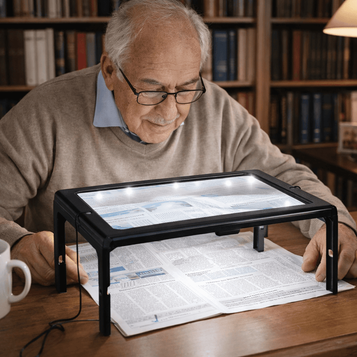Opvouwbaar LED vergrootglas voor handsfree lezen; ideaal voor senioren. Verlicht en vergroot tekst, draagbaar.