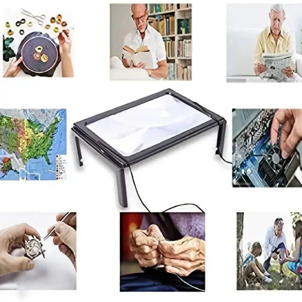 Unisex vouwbaar LED vergrootglas met verstelbare standaard voor comfortabel handsfree lezen van boeken of kranten.