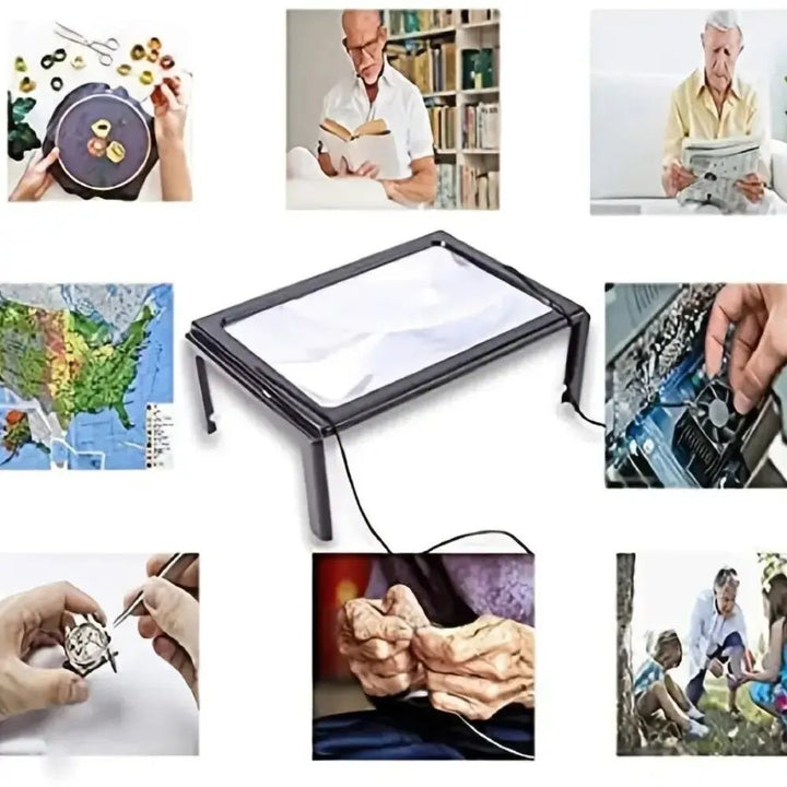 Unisex vouwbaar LED vergrootglas met verstelbare standaard voor comfortabel handsfree lezen van boeken of kranten.