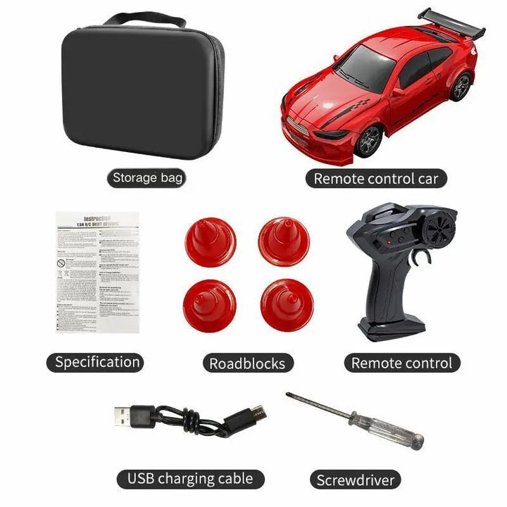 Compacte oplaadbare 1:64 RC drift speelgoedauto met werkende LED koplampen. Perfect cadeau.