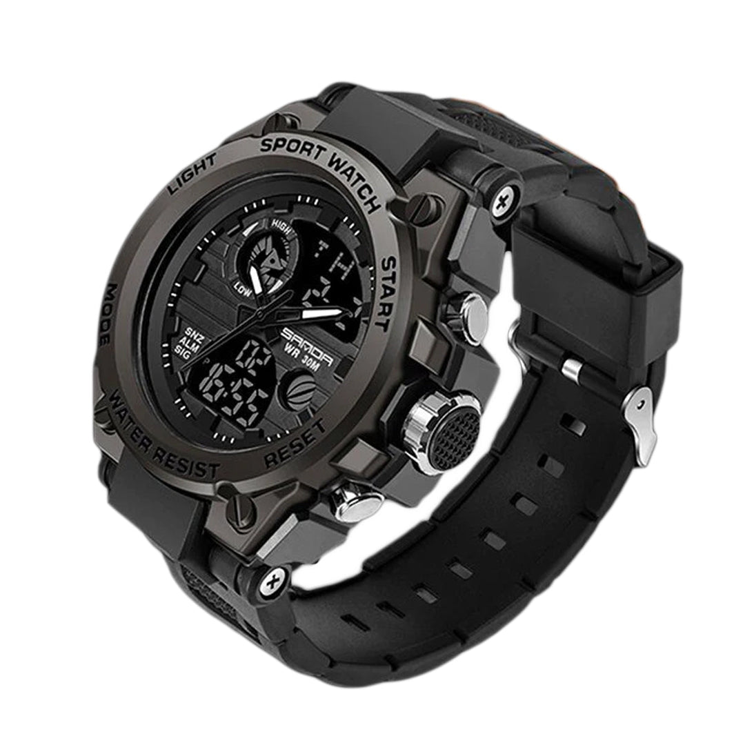 Militair herenhorloge robuuste kast en dual display. Perfect voor outdoor avonturen en duurzaam gebruik.