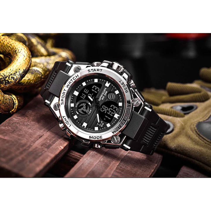 Duurzaam herenhorloge met robuuste behuizing en dual display. Waterbestendig en klaar voor elk avontuur.