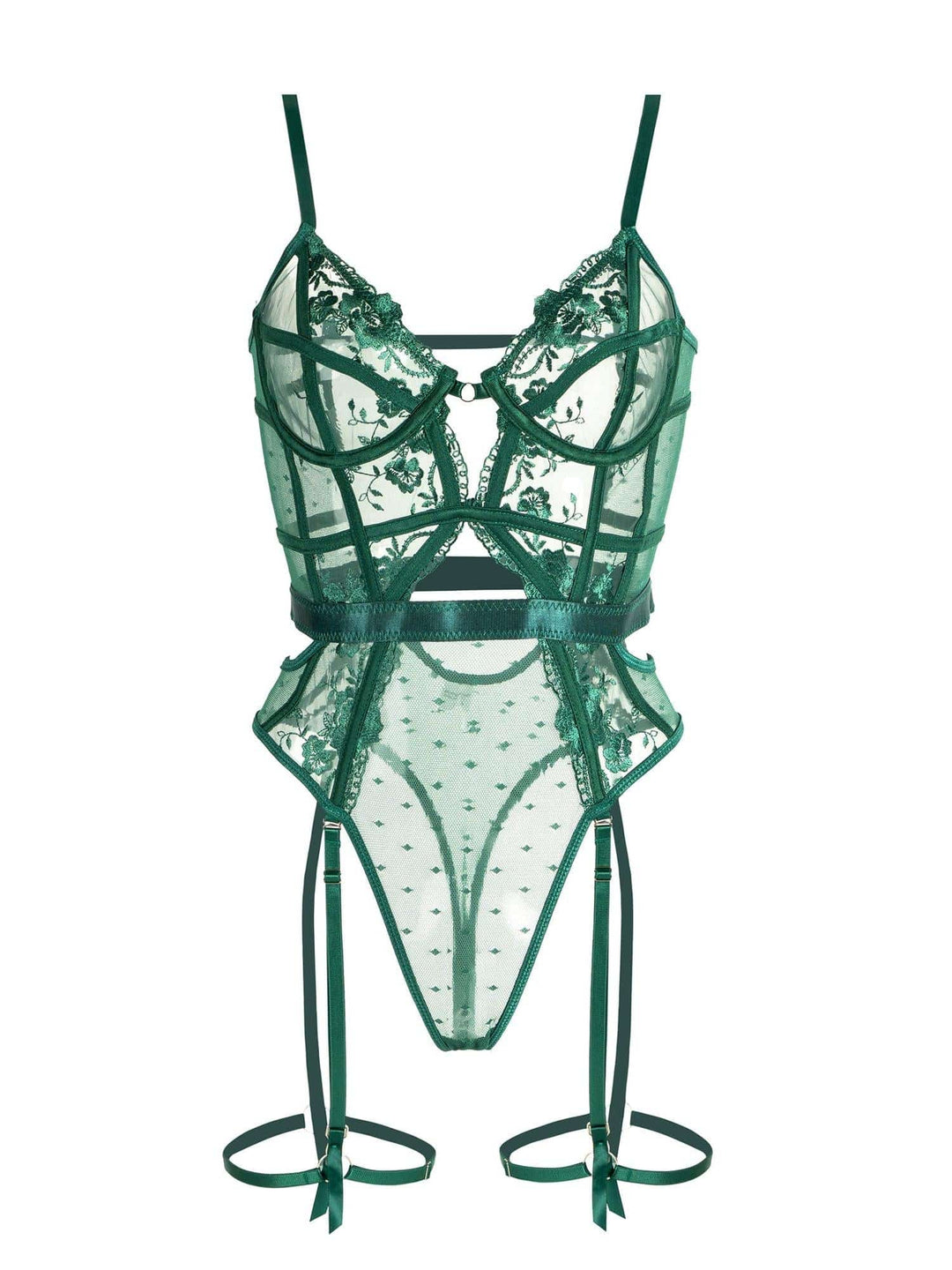 Elegante groene kanten bodysuit die de vrouwelijke vormen accentueert, met ondersteunende beugel-bh.
