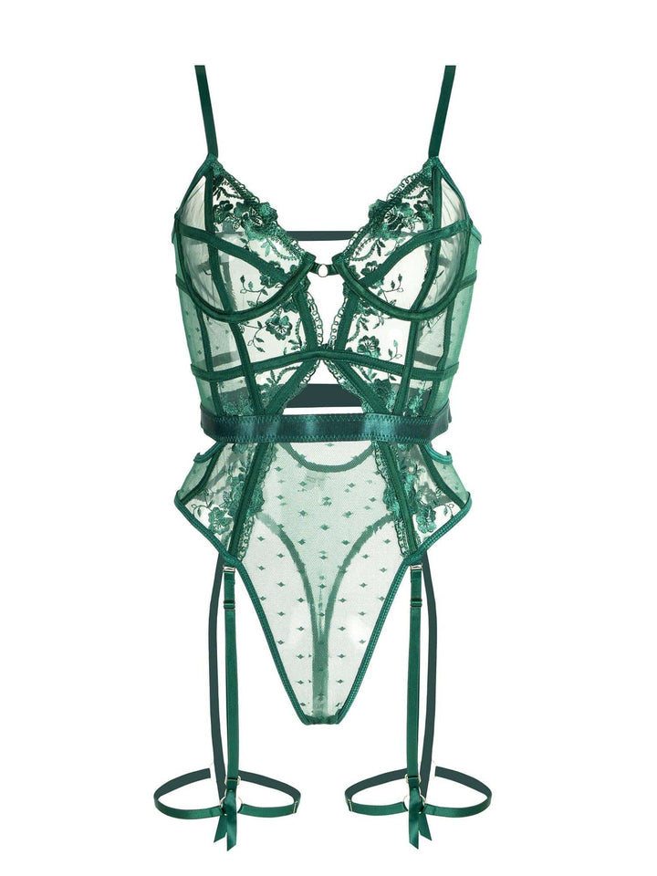 Elegante groene kanten bodysuit die de vrouwelijke vormen accentueert, met ondersteunende beugel-bh.
