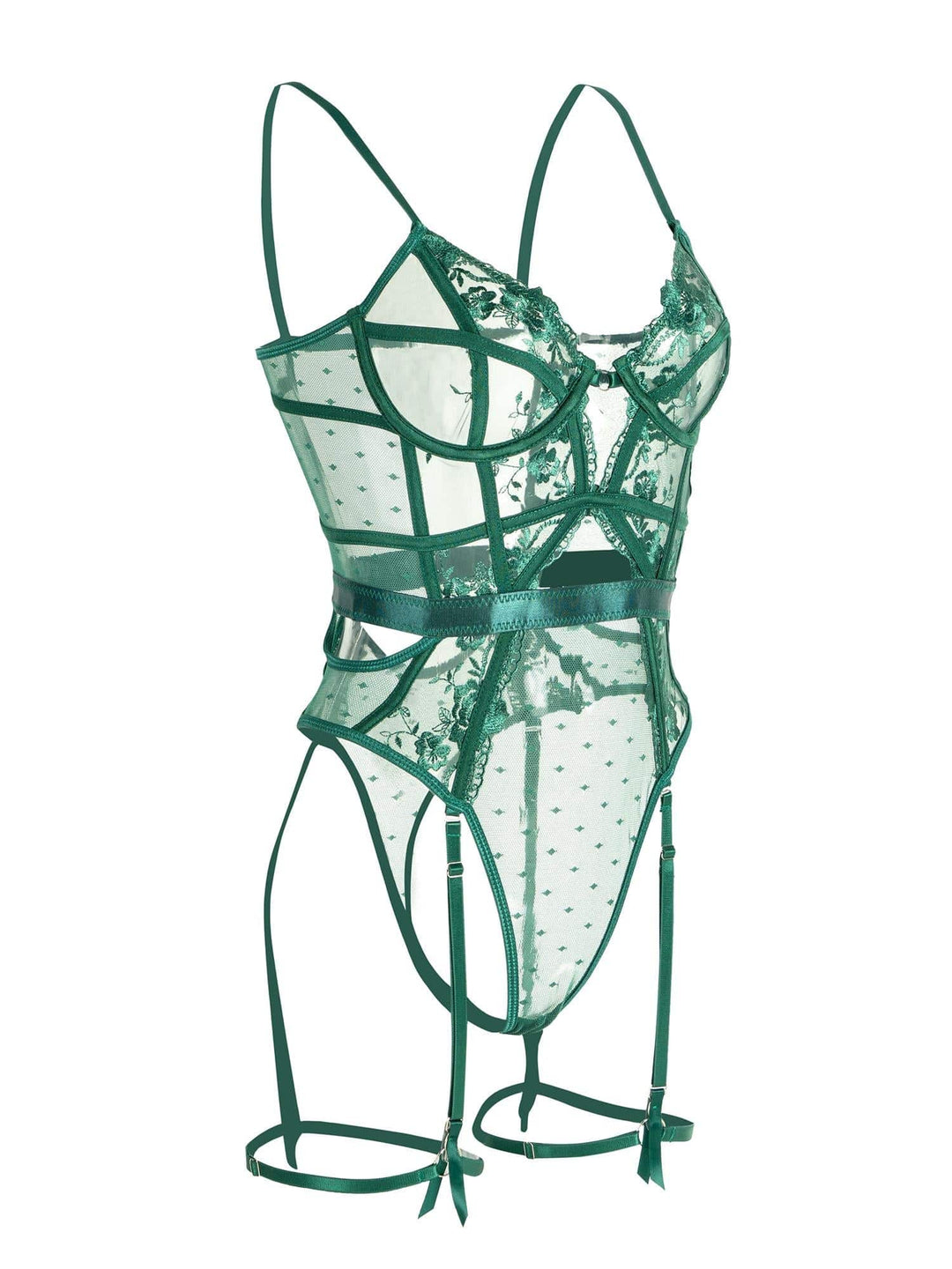 Dames bodysuit van smaragdgroen kant, voorzien van een beugel-bh voor een perfecte look.