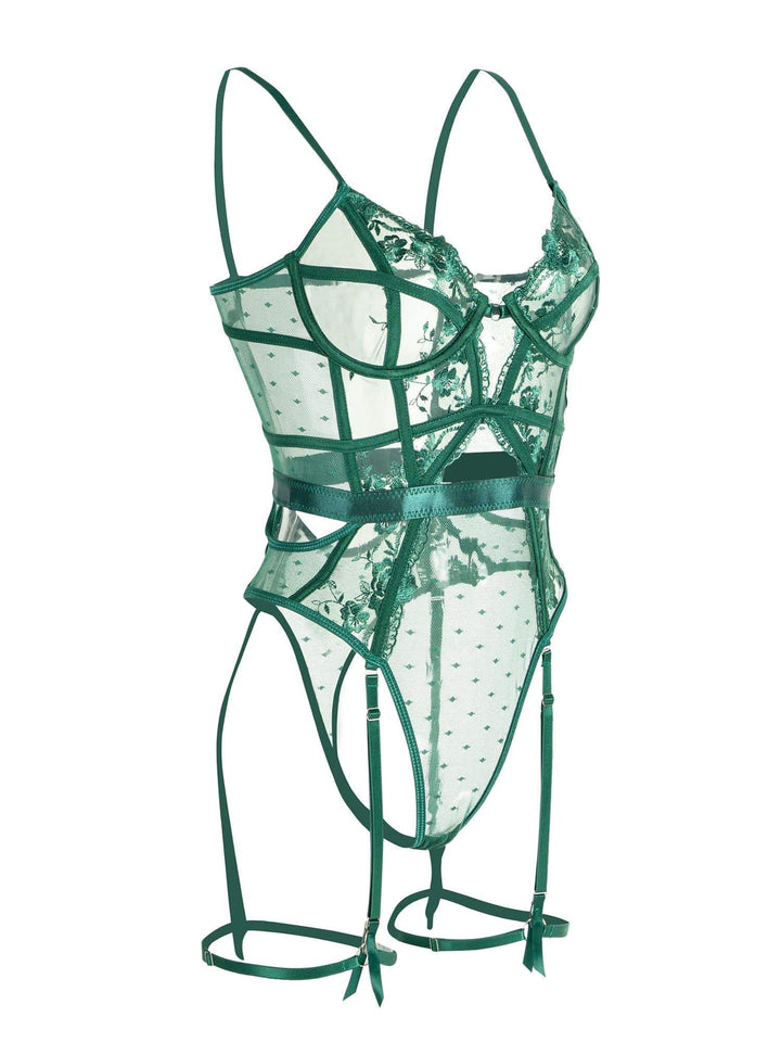 Dames bodysuit van smaragdgroen kant, voorzien van een beugel-bh voor een perfecte look.