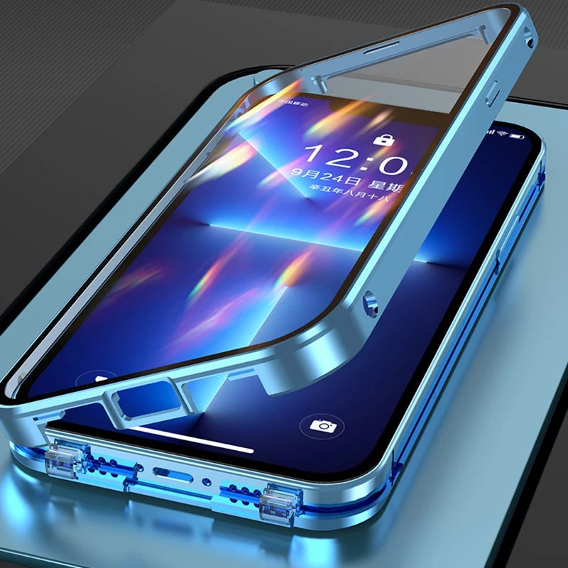 Robuuste telefoonhoes met metallic look, snap-lock en volledige bescherming voor iPhone. Schok- en valbestendig.