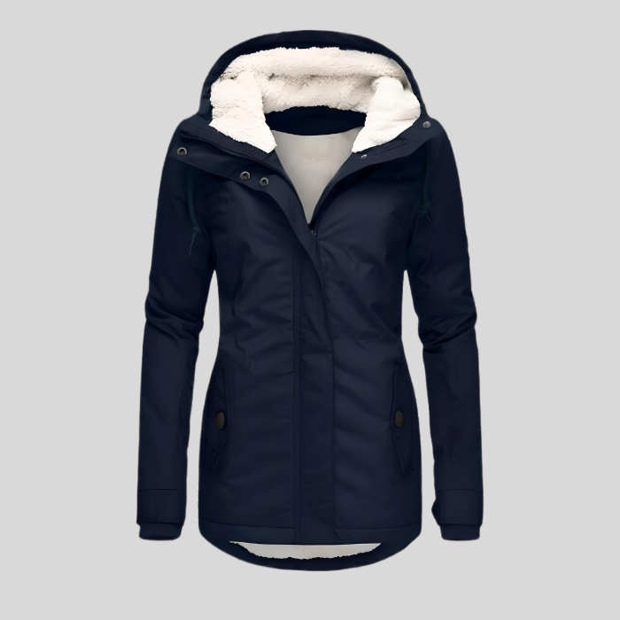 Dames lange waterdichte winterjas met warme voering en capuchon, ideaal voor koud weer.