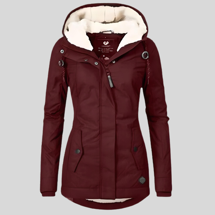 Lange dames winterjas, waterdicht en winddicht, met verstelbare capuchon en warme voering.