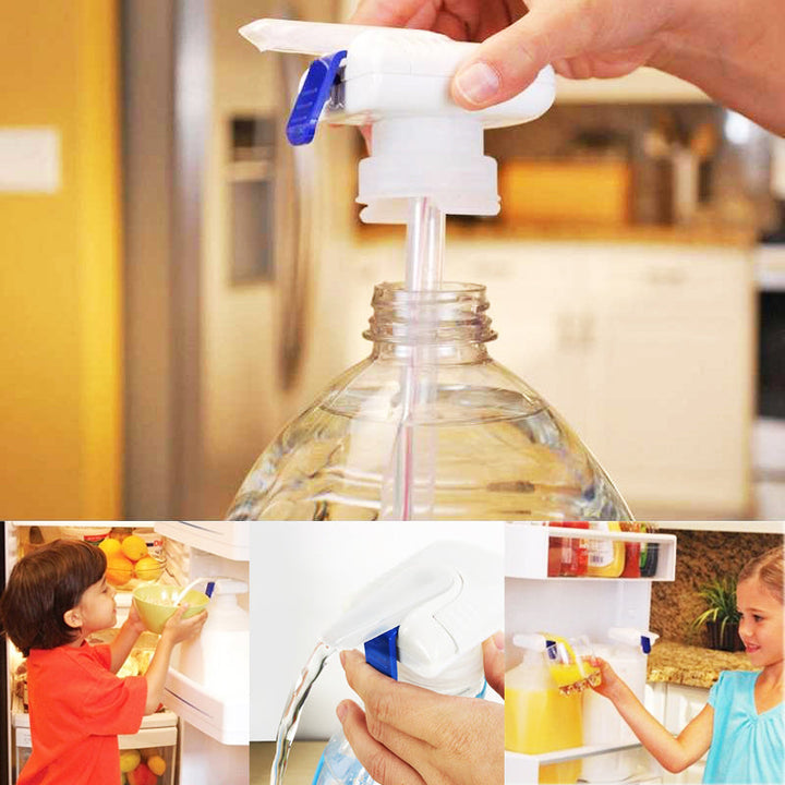 Transparante plastic Magic Tap dispenser op een pak sap, toont het vloeistofpeil en voorkomt knoeien.