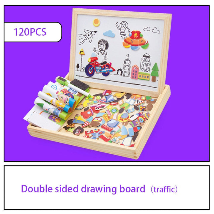 Educatief magnetspel: houten puzzel en tekenbord. Stimuleert creativiteit, ontwikkeling en schermvrij spelen.