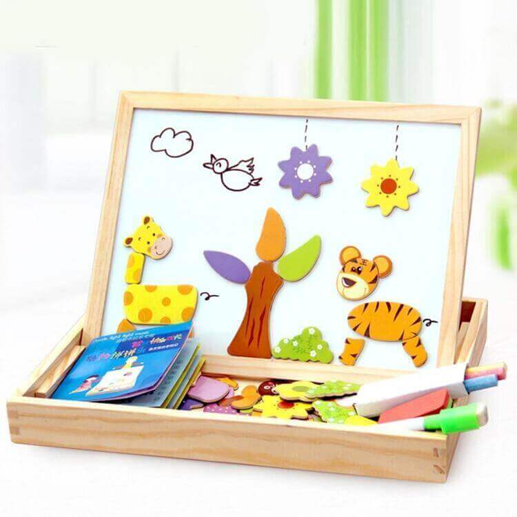 Houten educatief magnetisch puzzelspel voor kinderen. Ontwikkelt fijne motoriek en creativiteit.