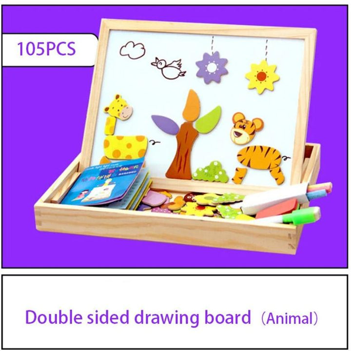Magnetspel met stads- en dierenthema. Houten tekenbord & puzzel voor educatief kinderspeelgoed.