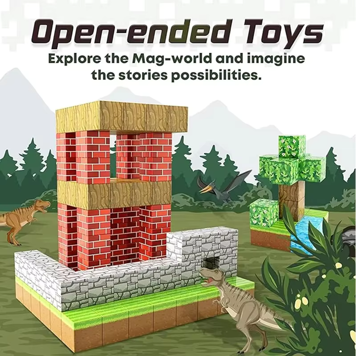 Kleurrijke Buildix magnetische blokken in actie; kinderen bouwen fantasierijke creaties met dit speelgoed.