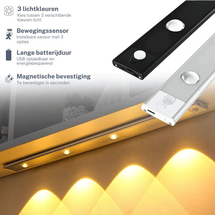 Draadloze LED kastverlichting met bewegingssensor; ideaal voor donkere kasten, automatisch aan bij opening.