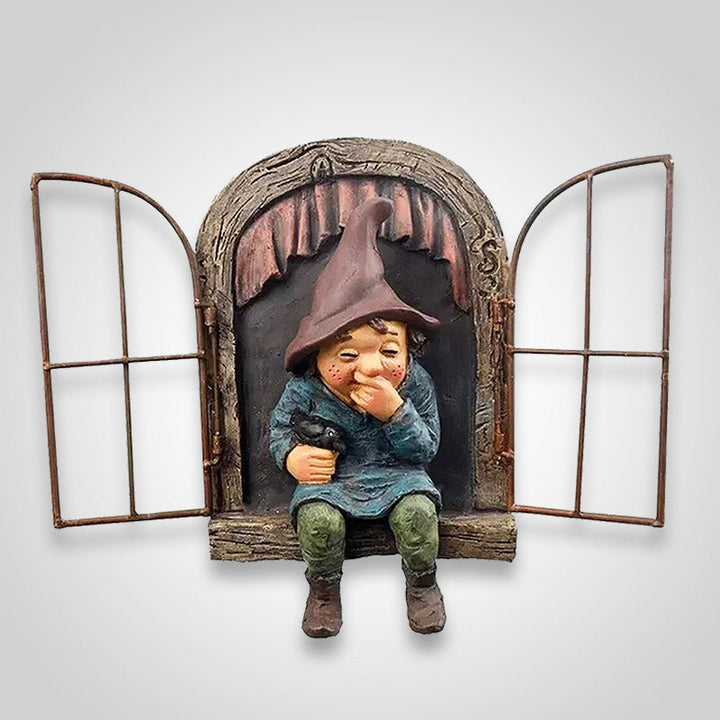 Dwerg tuinbeeld van hars, speels figuur voor tuindecoratie. Weerbestendig ornament.