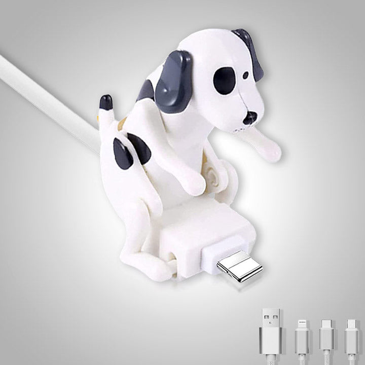 Hilarische hondenoplader met universele kabels: Micro-USB, Lightning, USB-C. Grappig uniek cadeau.