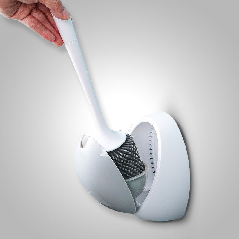 Flexibele siliconen toiletborstel met houder voor hygiënische badkamerreiniging.