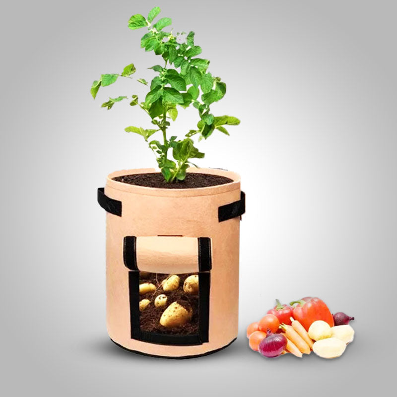 Moestuin grow bag met venster voor eenvoudig oogsten van aardappelen en groenten op balkon. Duurzaam tuinieren.