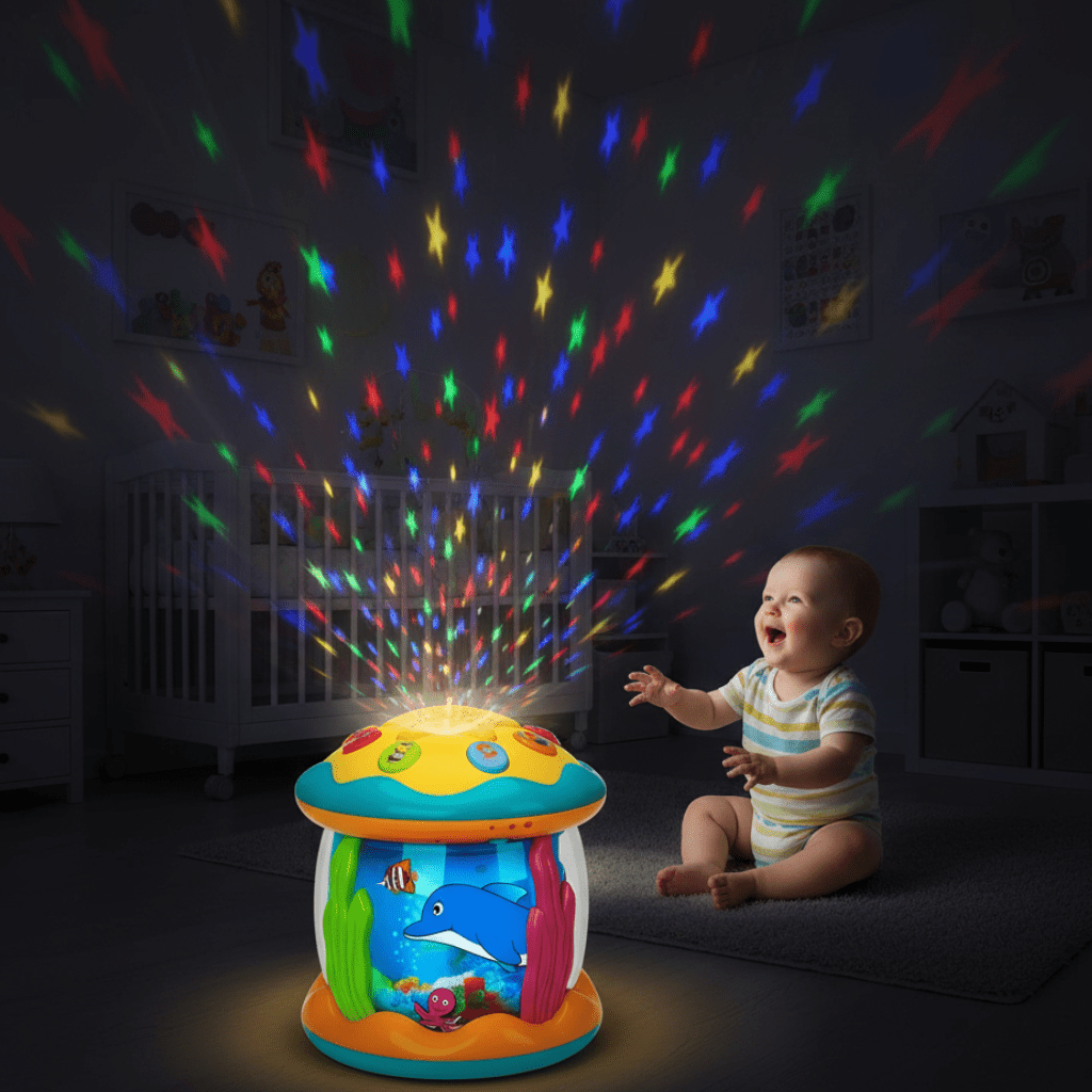 Magische baby trommel met licht en geluid, ideaal voor sensorische ontwikkeling van baby's 0-3 jaar.