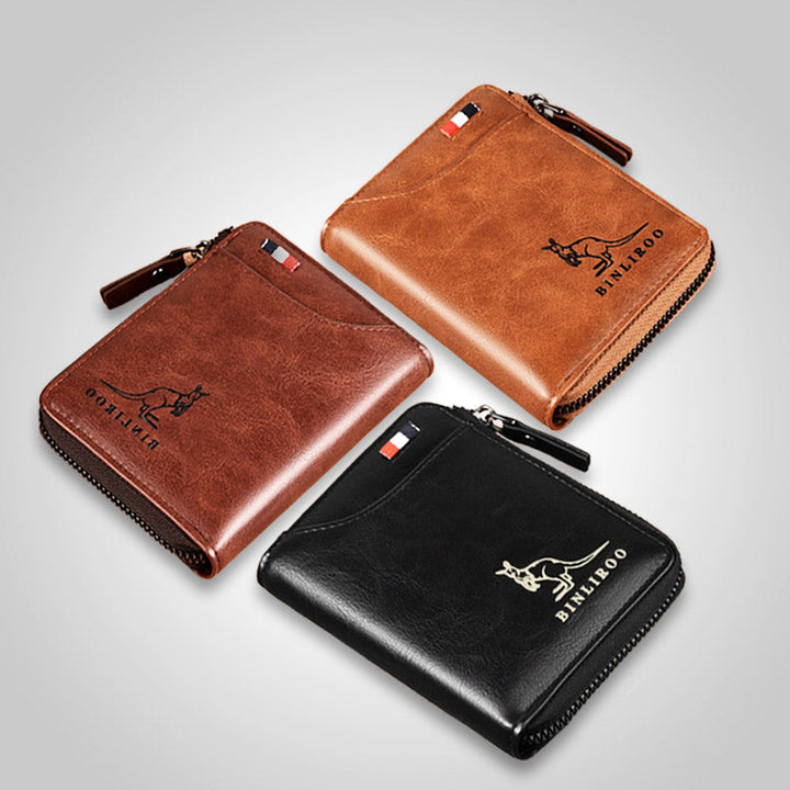 Compacte khaki leren portemonnee voor heren, met veilige RFID bescherming en uitklapbare organizer.