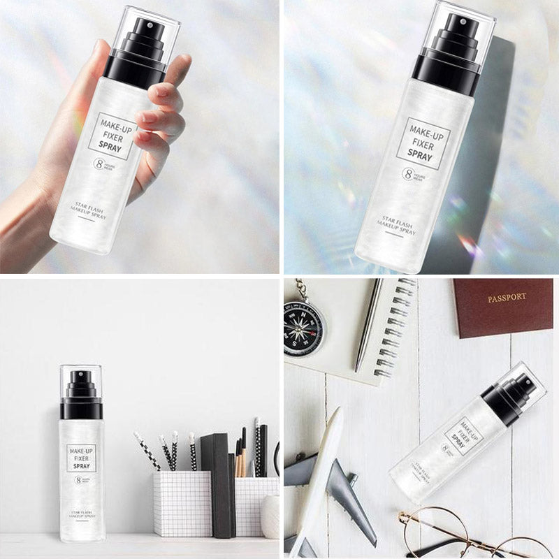 Make-up Fixeer Spray in strakke fles, onmisbaar voor een langhoudende, matte finish. Cosmetica essential.