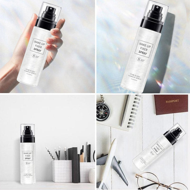 Make-up Fixeer Spray in strakke fles, onmisbaar voor een langhoudende, matte finish. Cosmetica essential.