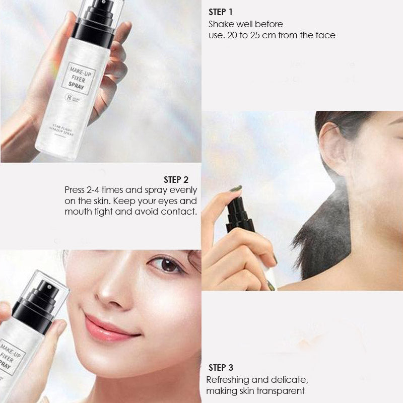 Make-up Fixeer Spray op een beautytafel tussen make-up benodigdheden voor een vlekkeloze, matte finish.