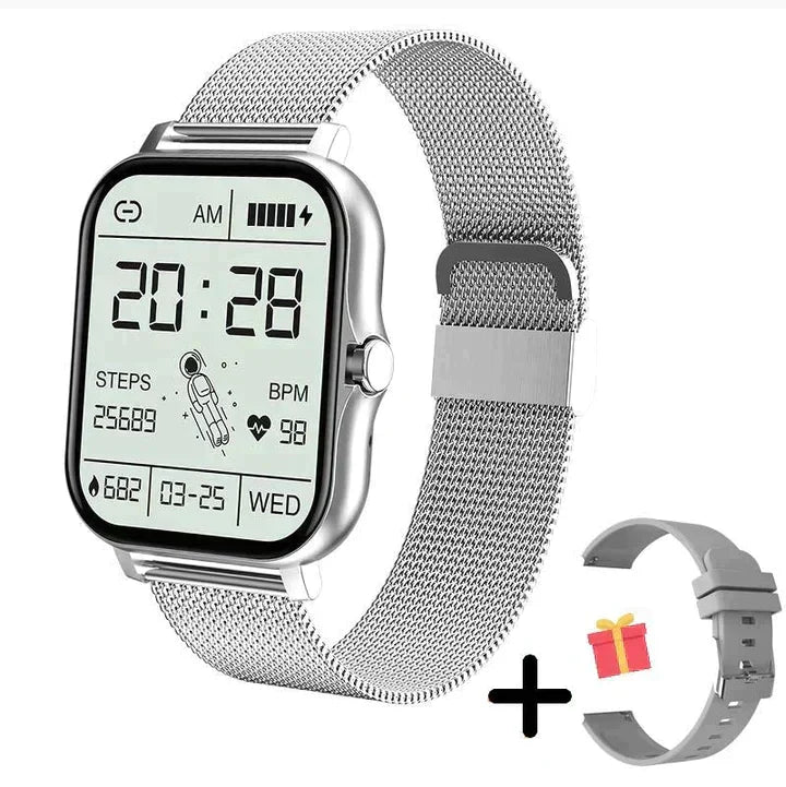 Stijlvolle dames/heren smartwatch met uitgebreide fitnessfuncties, hartslagmeter en bluetooth bellen. Waterdicht.