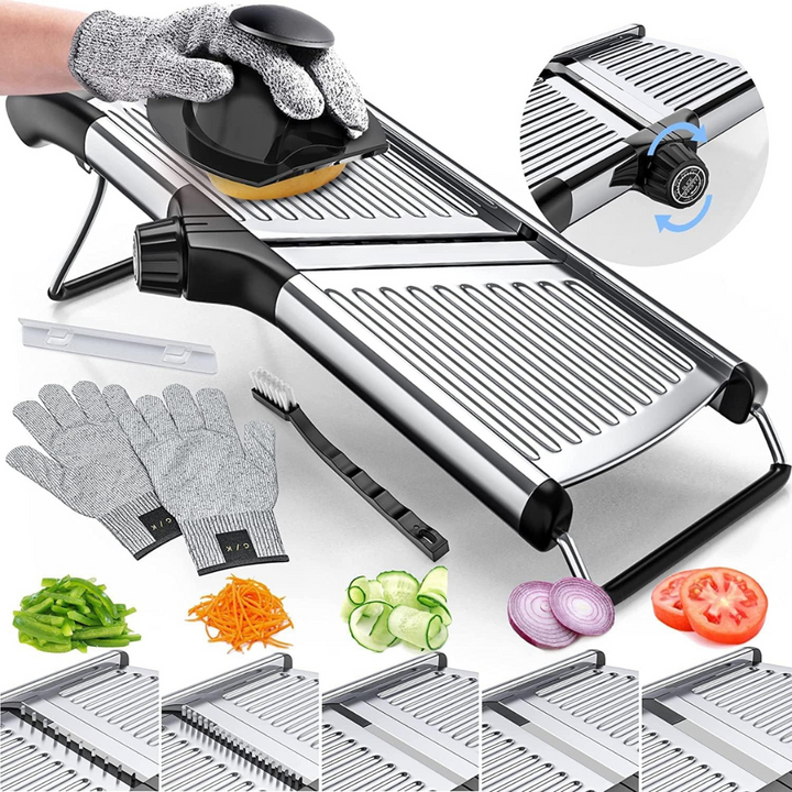 Verstelbare roestvrijstalen keuken mandoline groentesnijder. Veilig en precies perfect snijwerk voor aardappelen en fruit.