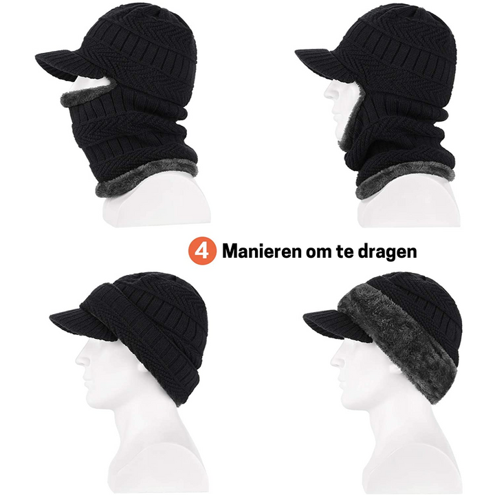 Warme unisex muts met geïntegreerde halswarmer, optimale koudebescherming.