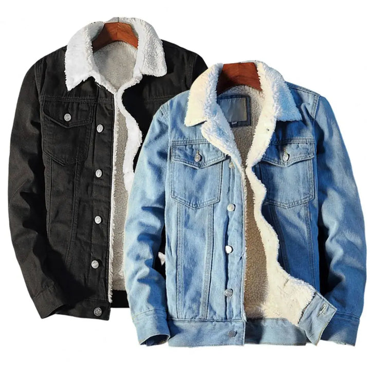 Heren denim winterjas Tobias met warme fleecevoering en knoopsluiting; stijlvolle en casual denimlook.
