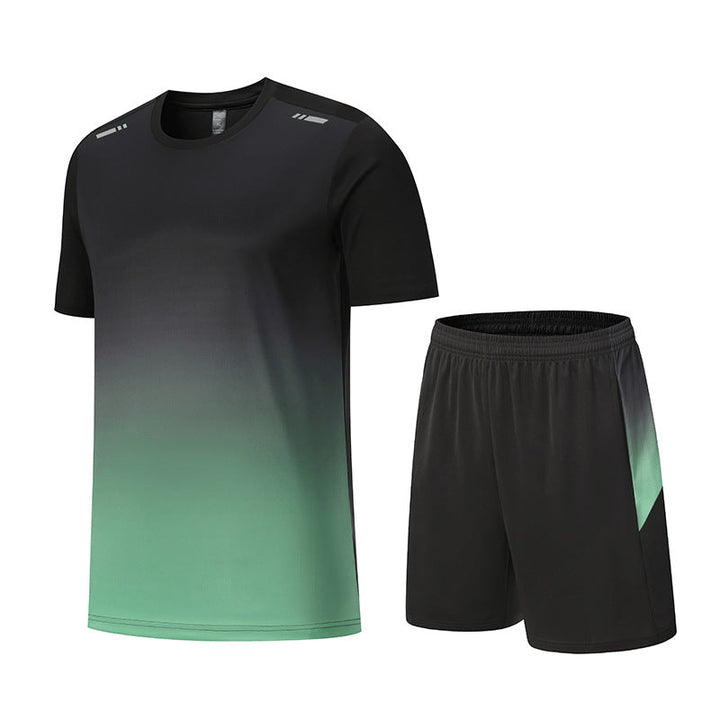 Donkergrijs heren trainingspak van ademende stof. Optimaal voor hardlopen, workout en prestatiegerichte sportkleding.